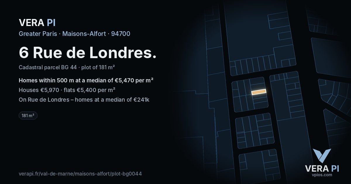 6 Rue de Londres, Maisons-Alfort at night – the plot lit, the parcels around coloured by the prices near them