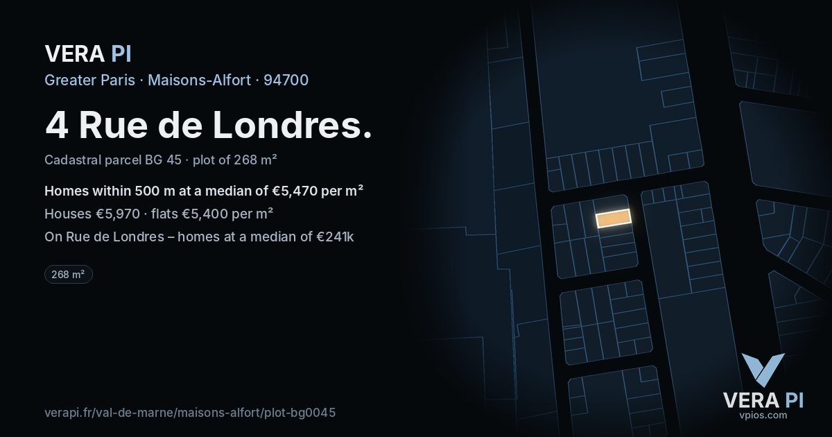 4 Rue de Londres, Maisons-Alfort at night – the plot lit, the parcels around coloured by the prices near them