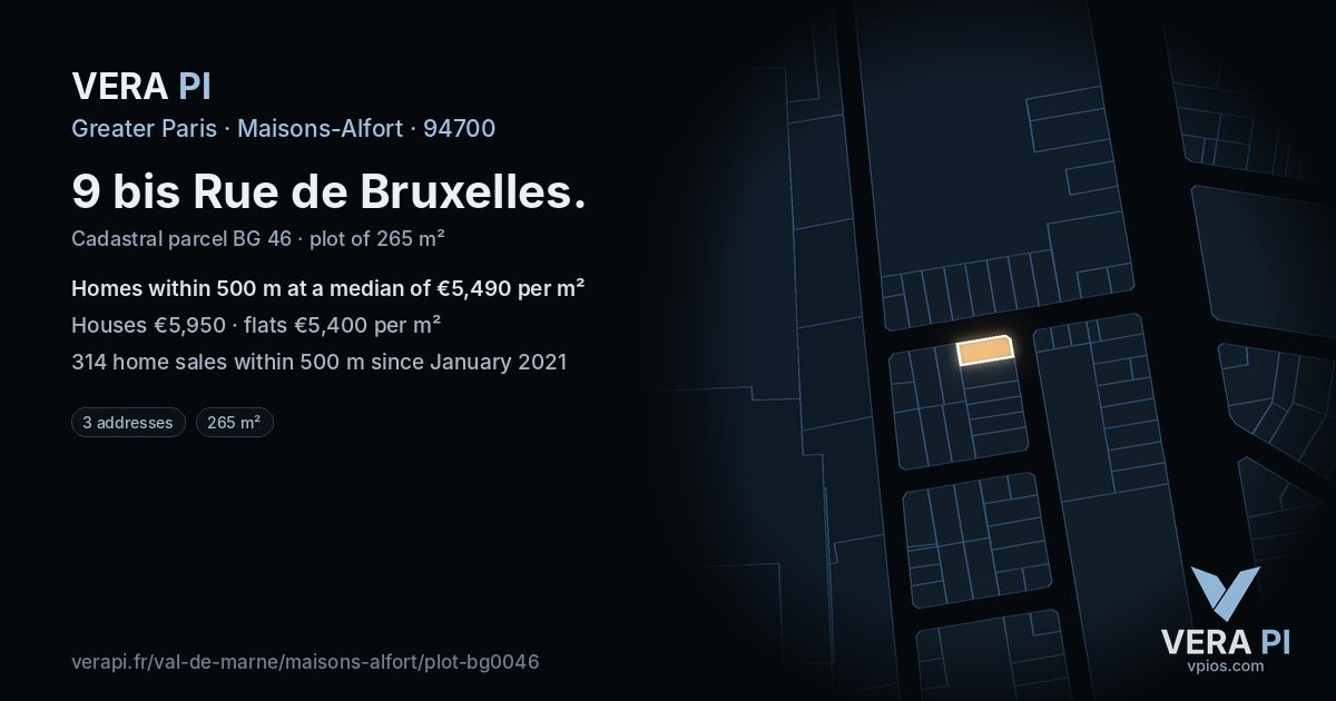 9 bis Rue de Bruxelles, Maisons-Alfort at night – the plot lit, the parcels around coloured by the prices near them