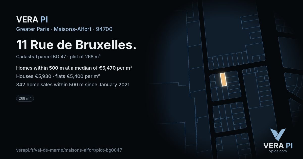 11 Rue de Bruxelles, Maisons-Alfort at night – the plot lit, the parcels around coloured by the prices near them