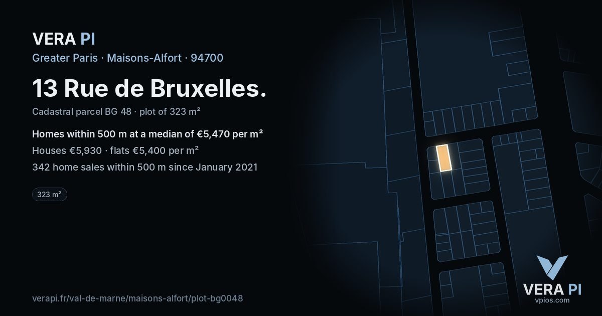 13 Rue de Bruxelles, Maisons-Alfort at night – the plot lit, the parcels around coloured by the prices near them