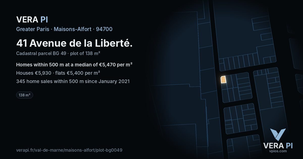 41 Avenue de la Liberté, Maisons-Alfort at night – the plot lit, the parcels around coloured by the prices near them