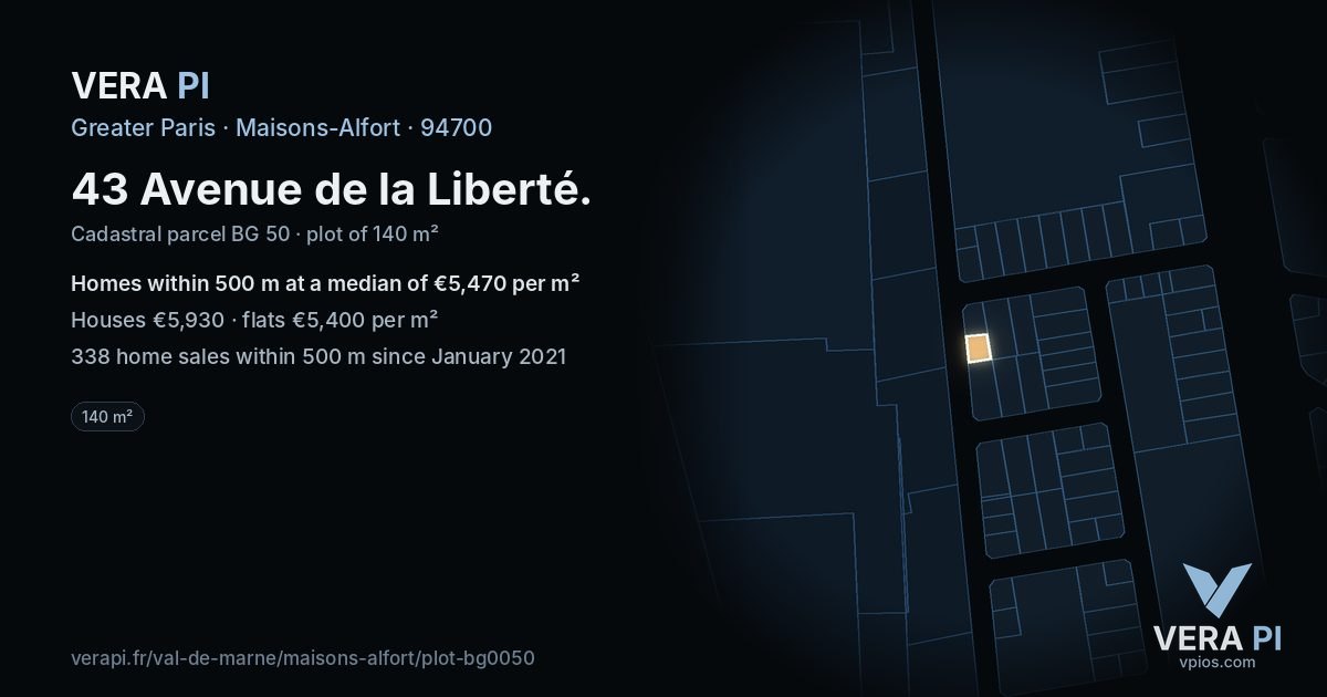 43 Avenue de la Liberté, Maisons-Alfort at night – the plot lit, the parcels around coloured by the prices near them