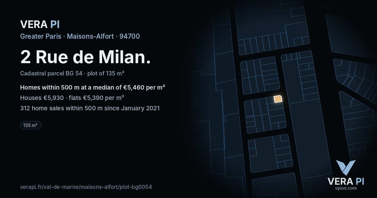 2 Rue de Milan, Maisons-Alfort at night – the plot lit, the parcels around coloured by the prices near them