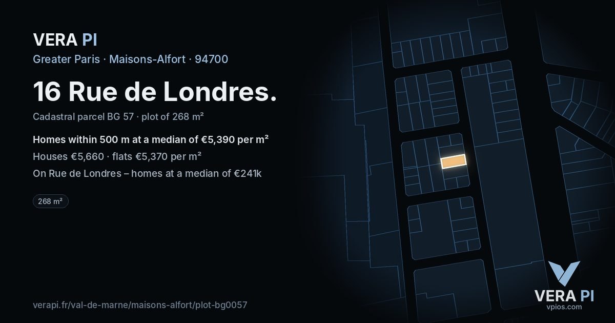 16 Rue de Londres, Maisons-Alfort at night – the plot lit, the parcels around coloured by the prices near them