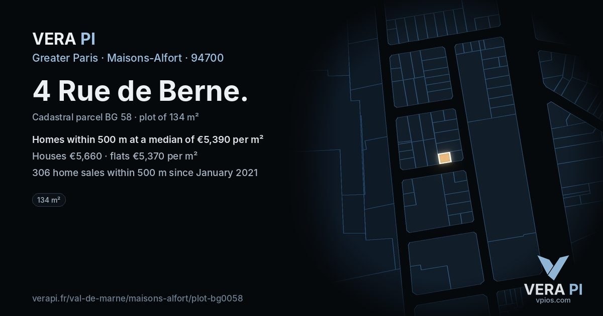 4 Rue de Berne, Maisons-Alfort at night – the plot lit, the parcels around coloured by the prices near them