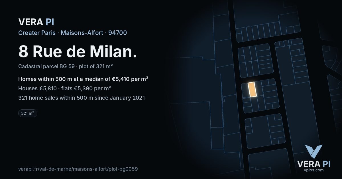 8 Rue de Milan, Maisons-Alfort at night – the plot lit, the parcels around coloured by the prices near them