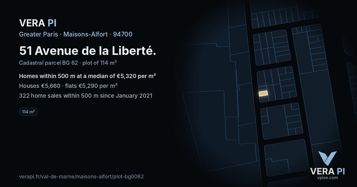 51 Avenue de la Liberté, Maisons-Alfort at night – the plot lit, the parcels around coloured by the prices near them