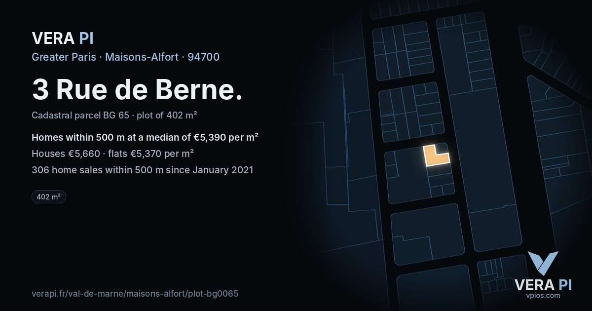 3 Rue de Berne, Maisons-Alfort at night – the plot lit, the parcels around coloured by the prices near them