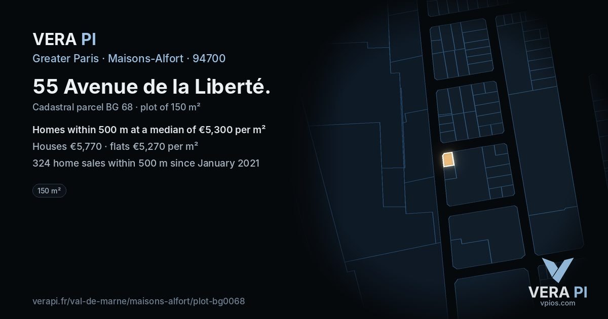 55 Avenue de la Liberté, Maisons-Alfort at night – the plot lit, the parcels around coloured by the prices near them