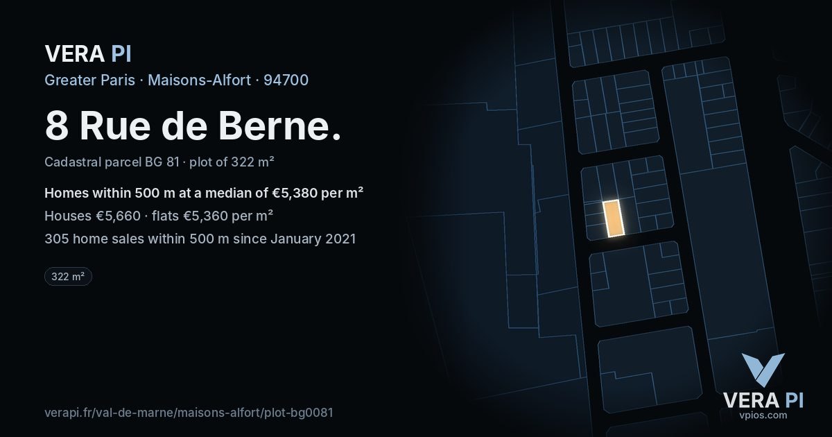 8 Rue de Berne, Maisons-Alfort at night – the plot lit, the parcels around coloured by the prices near them