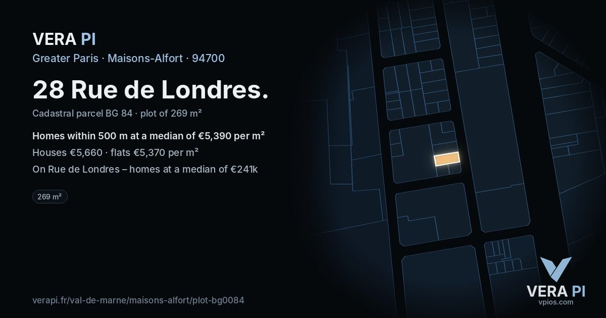 28 Rue de Londres, Maisons-Alfort at night – the plot lit, the parcels around coloured by the prices near them