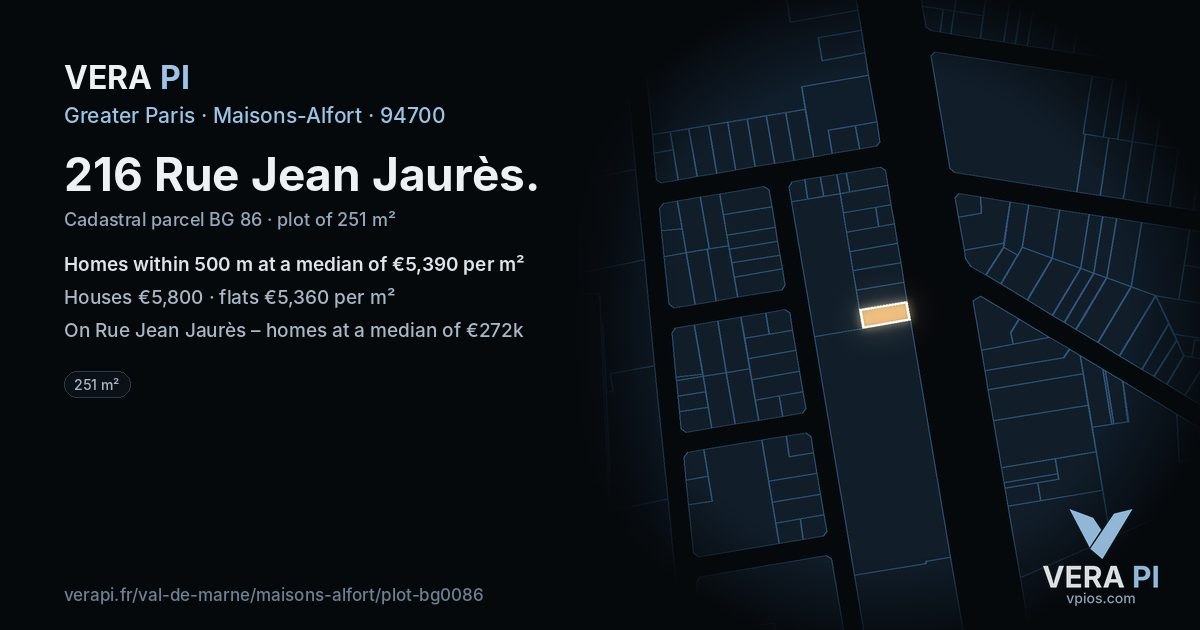 216 Rue Jean Jaurès, Maisons-Alfort at night – the plot lit, the parcels around coloured by the prices near them