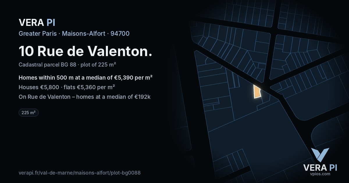 10 Rue de Valenton, Maisons-Alfort at night – the plot lit, the parcels around coloured by the prices near them