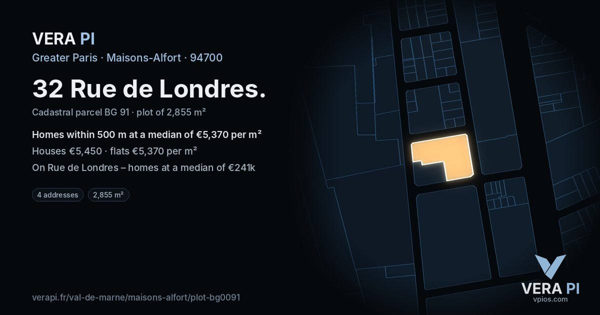 32 Rue de Londres, Maisons-Alfort at night – the plot lit, the parcels around coloured by the prices near them