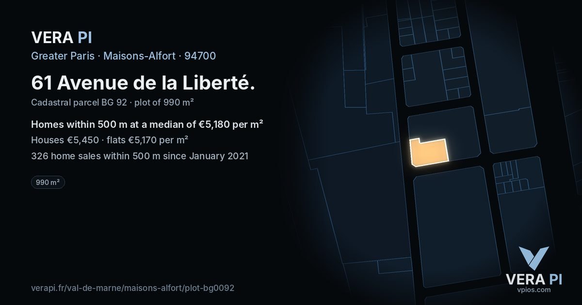 61 Avenue de la Liberté, Maisons-Alfort at night – the plot lit, the parcels around coloured by the prices near them