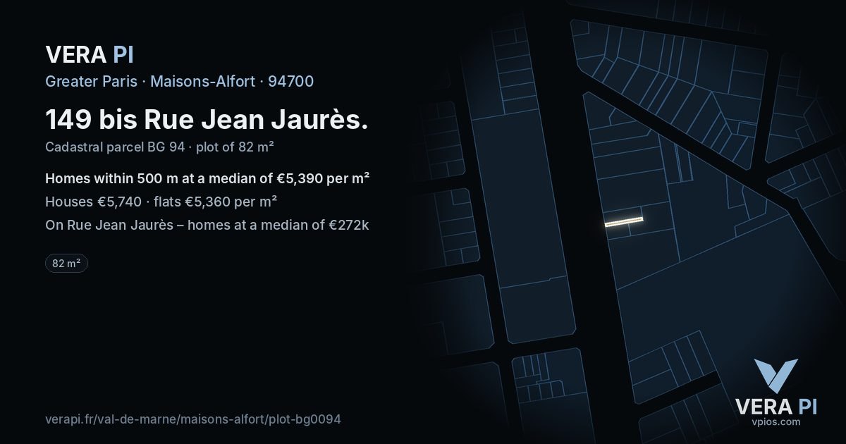 149 bis Rue Jean Jaurès, Maisons-Alfort at night – the plot lit, the parcels around coloured by the prices near them