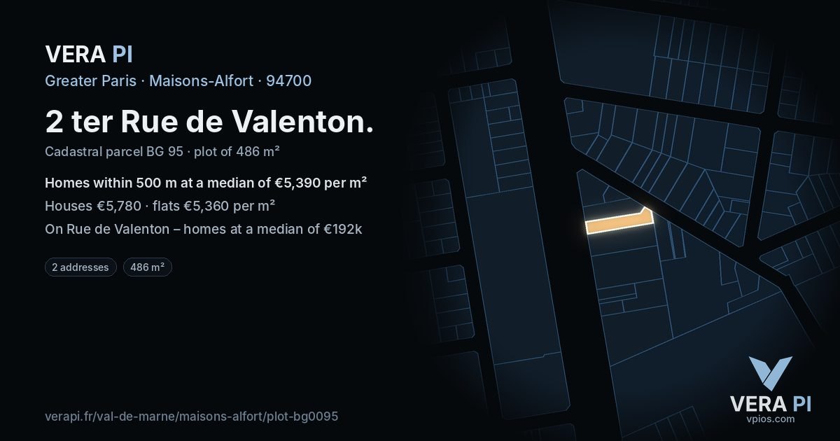 2 ter Rue de Valenton, Maisons-Alfort at night – the plot lit, the parcels around coloured by the prices near them