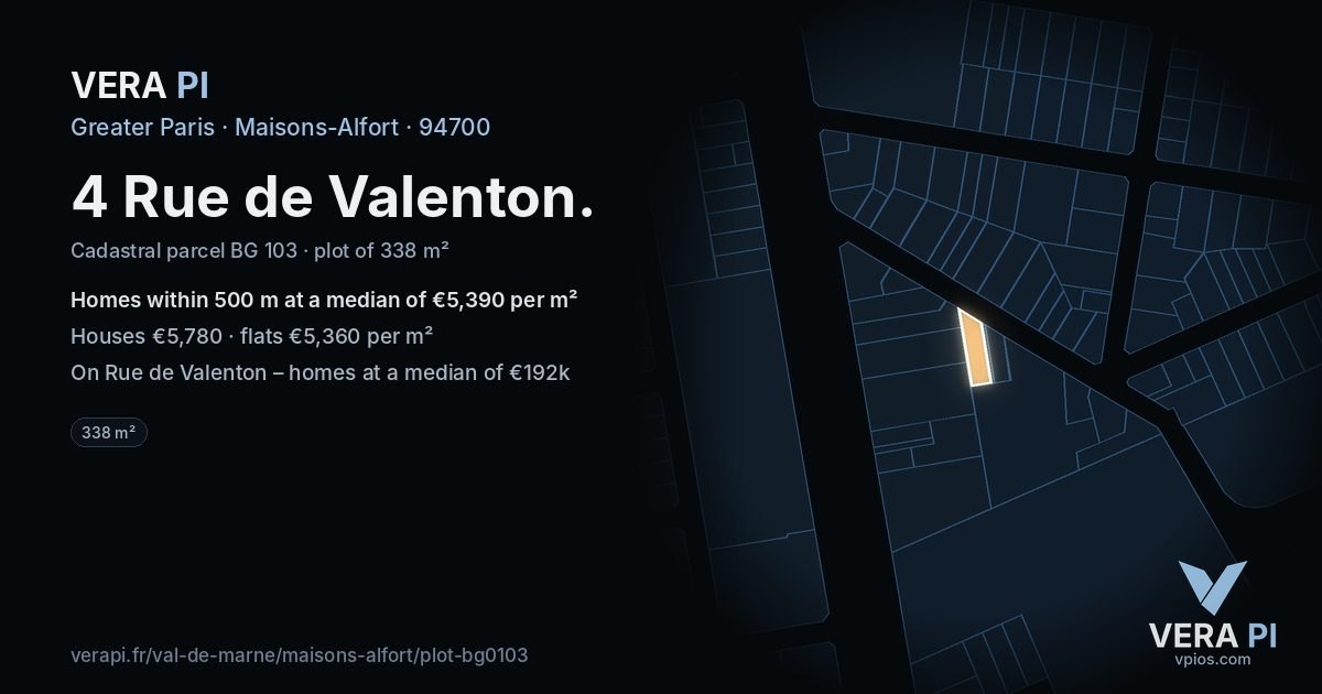 4 Rue de Valenton, Maisons-Alfort at night – the plot lit, the parcels around coloured by the prices near them