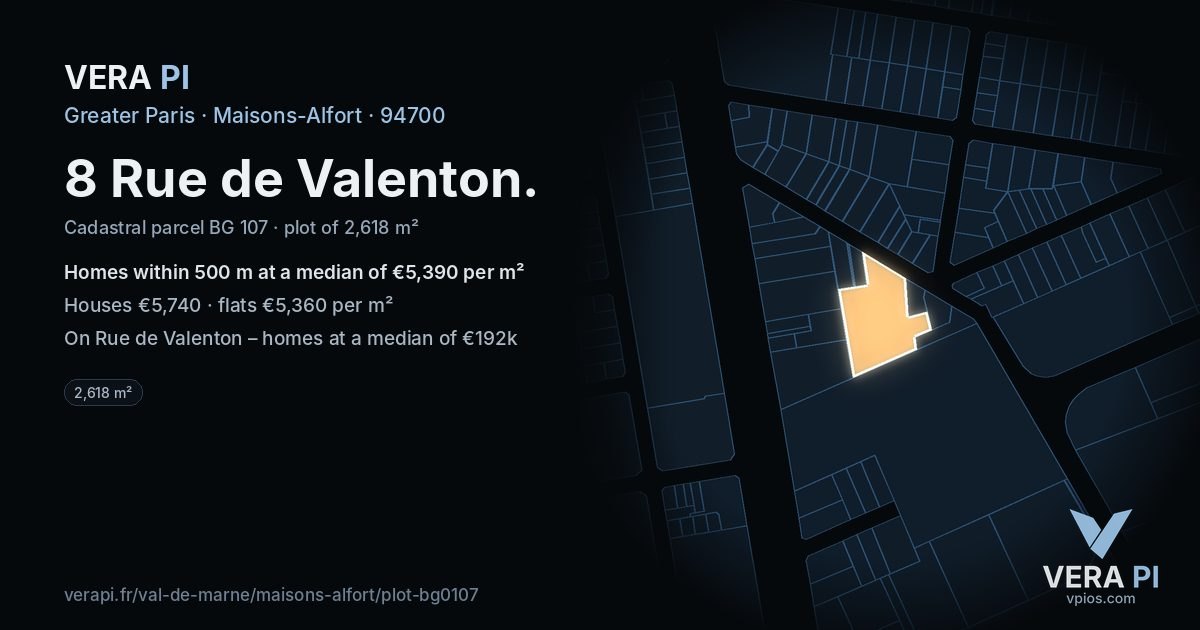 8 Rue de Valenton, Maisons-Alfort at night – the plot lit, the parcels around coloured by the prices near them