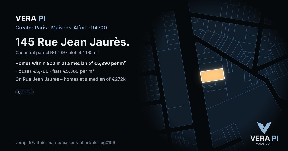 145 Rue Jean Jaurès, Maisons-Alfort at night – the plot lit, the parcels around coloured by the prices near them