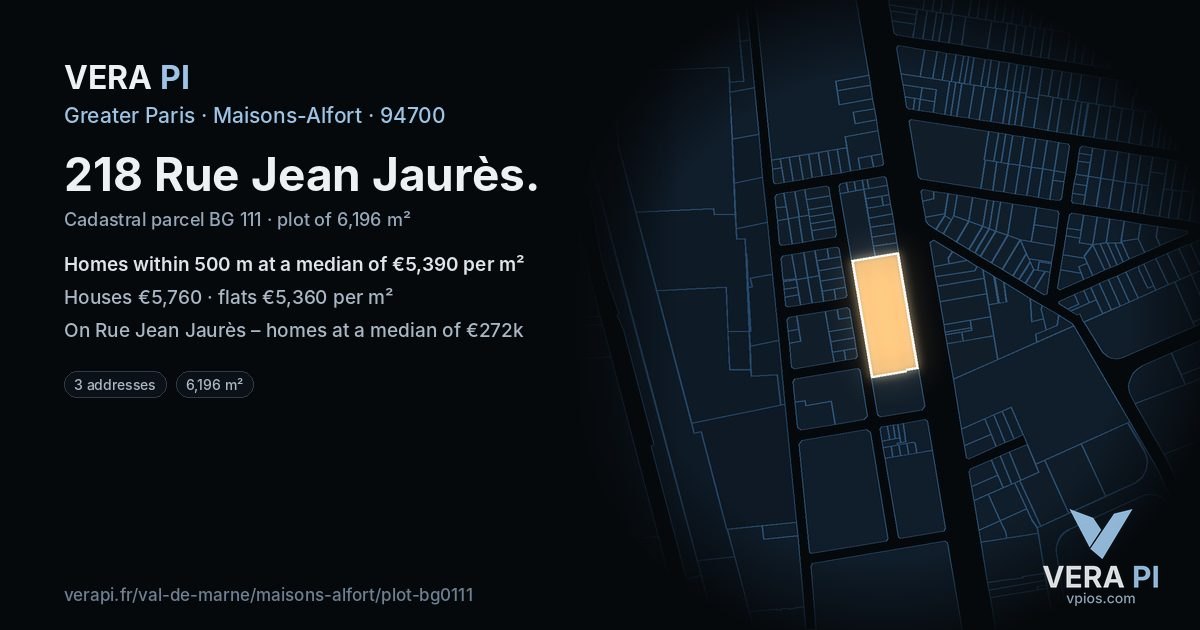 218 Rue Jean Jaurès, Maisons-Alfort at night – the plot lit, the parcels around coloured by the prices near them