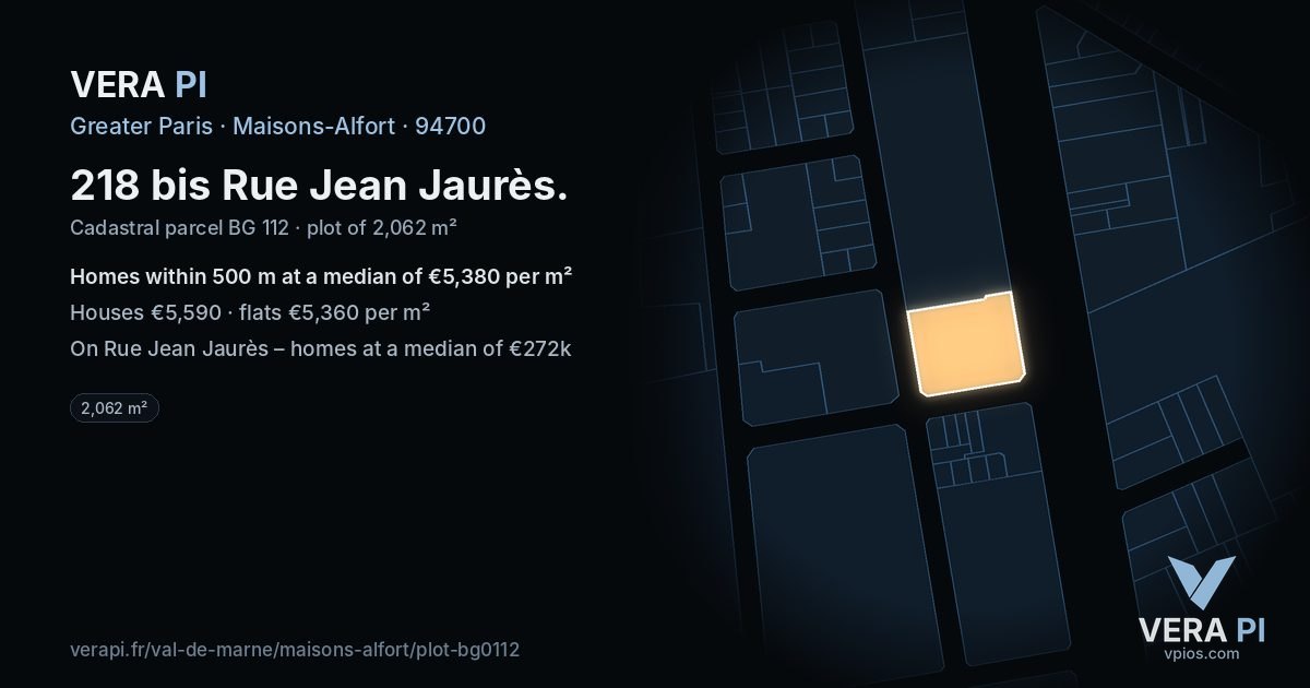 218 bis Rue Jean Jaurès, Maisons-Alfort at night – the plot lit, the parcels around coloured by the prices near them