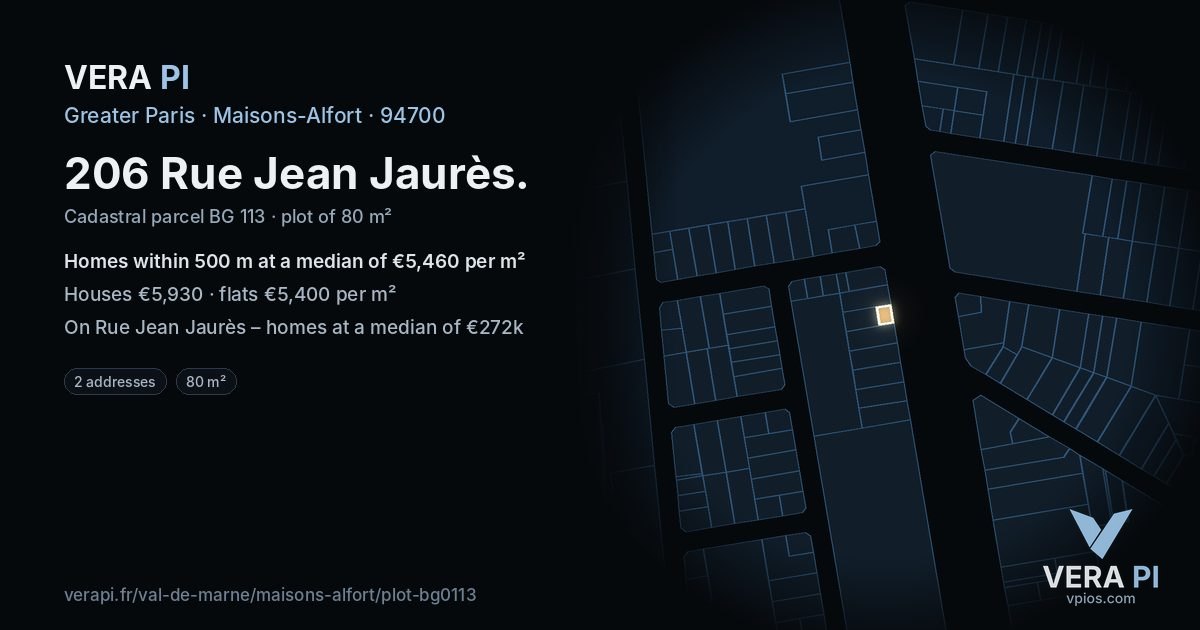 206 Rue Jean Jaurès, Maisons-Alfort at night – the plot lit, the parcels around coloured by the prices near them