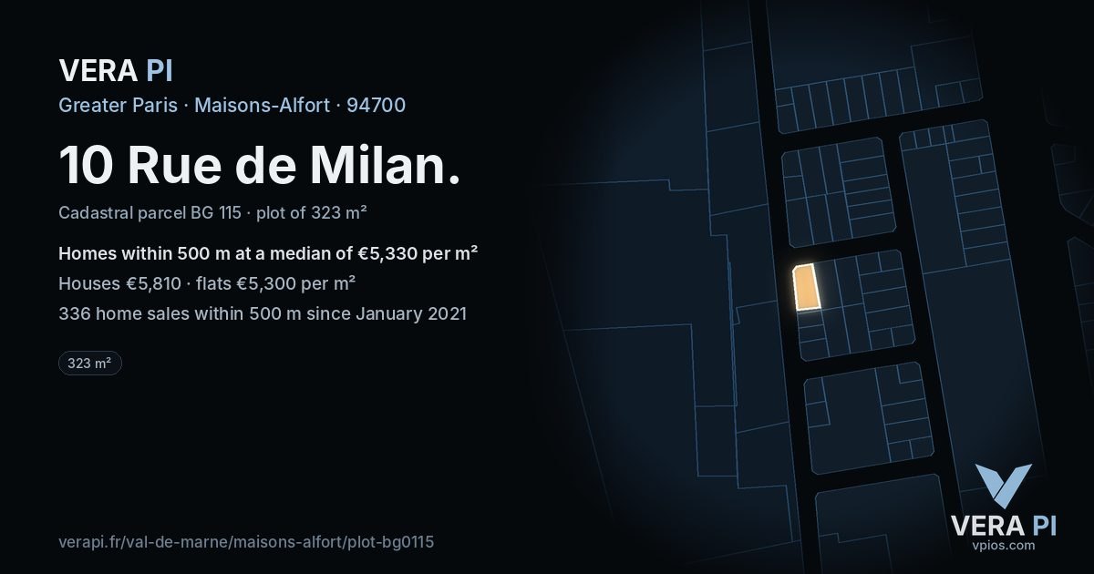 10 Rue de Milan, Maisons-Alfort at night – the plot lit, the parcels around coloured by the prices near them