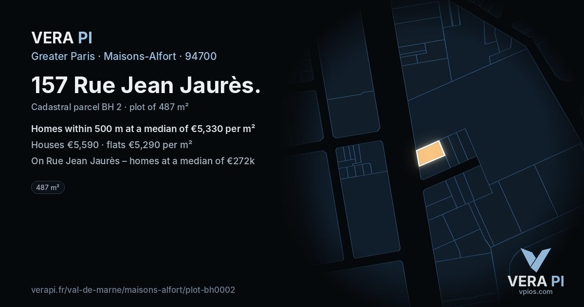 157 Rue Jean Jaurès, Maisons-Alfort at night – the plot lit, the parcels around coloured by the prices near them