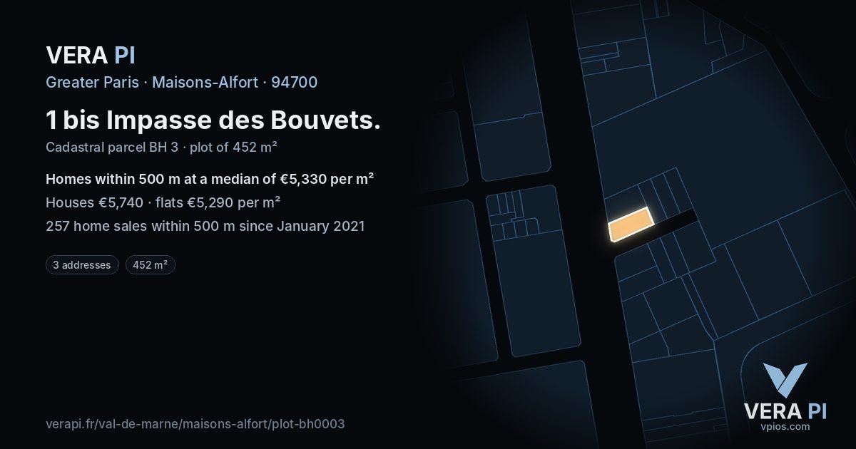 1 bis Impasse des Bouvets, Maisons-Alfort at night – the plot lit, the parcels around coloured by the prices near them