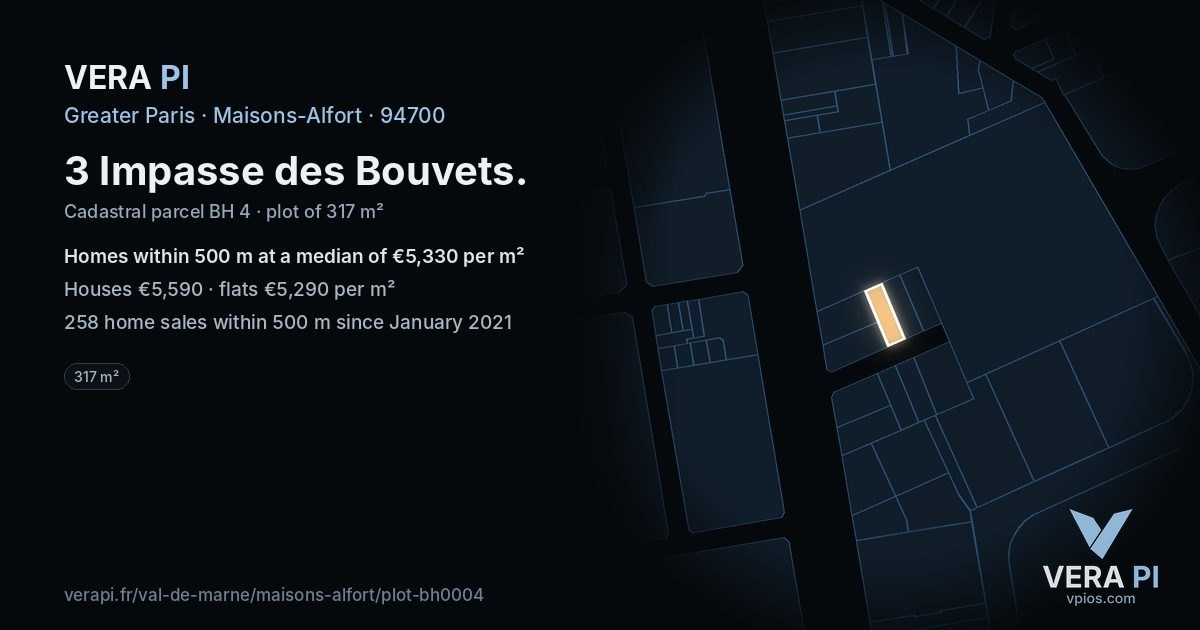 3 Impasse des Bouvets, Maisons-Alfort at night – the plot lit, the parcels around coloured by the prices near them