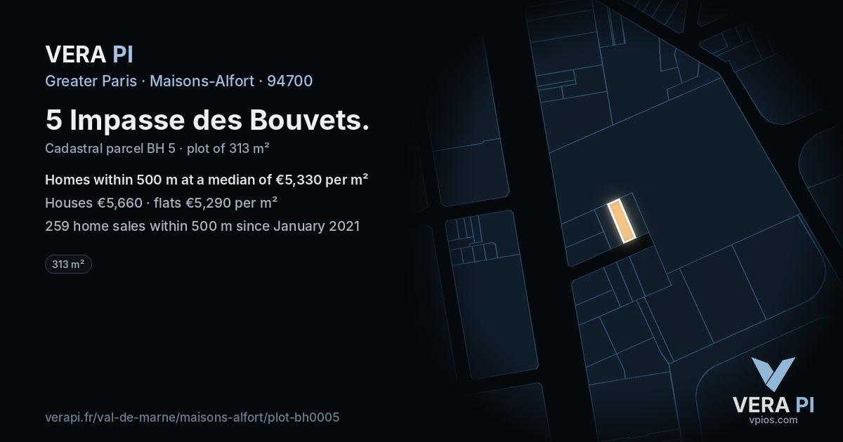 5 Impasse des Bouvets, Maisons-Alfort at night – the plot lit, the parcels around coloured by the prices near them