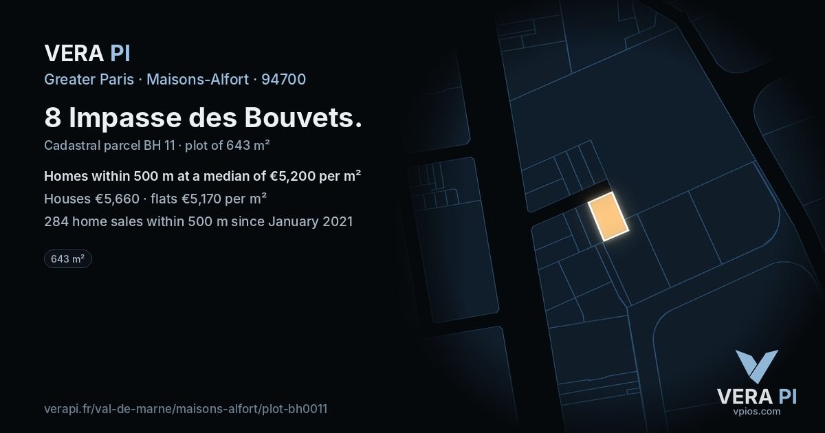 8 Impasse des Bouvets, Maisons-Alfort at night – the plot lit, the parcels around coloured by the prices near them