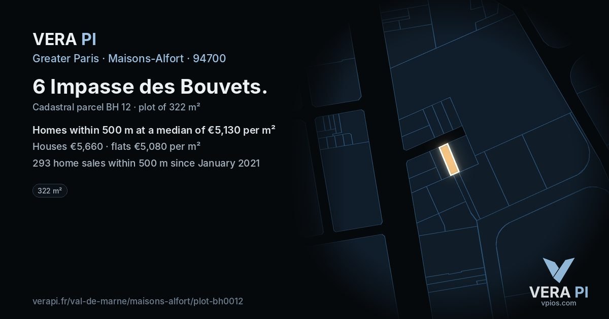 6 Impasse des Bouvets, Maisons-Alfort at night – the plot lit, the parcels around coloured by the prices near them