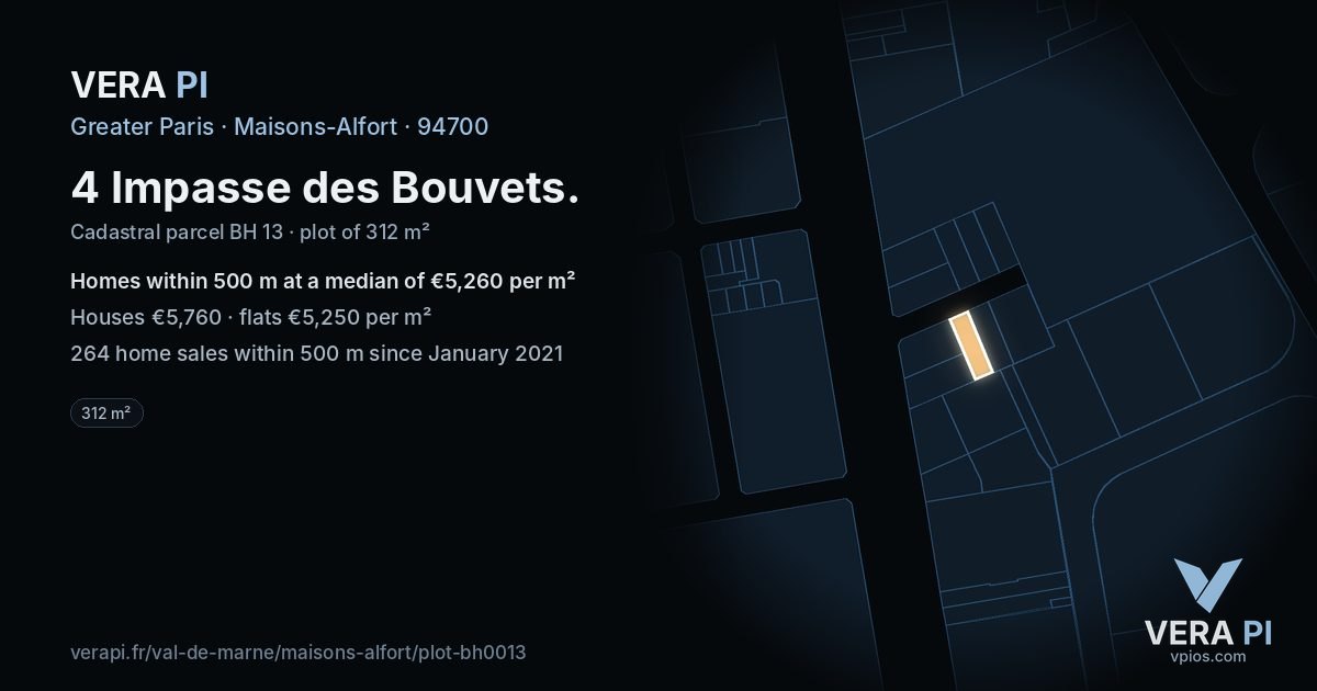4 Impasse des Bouvets, Maisons-Alfort at night – the plot lit, the parcels around coloured by the prices near them