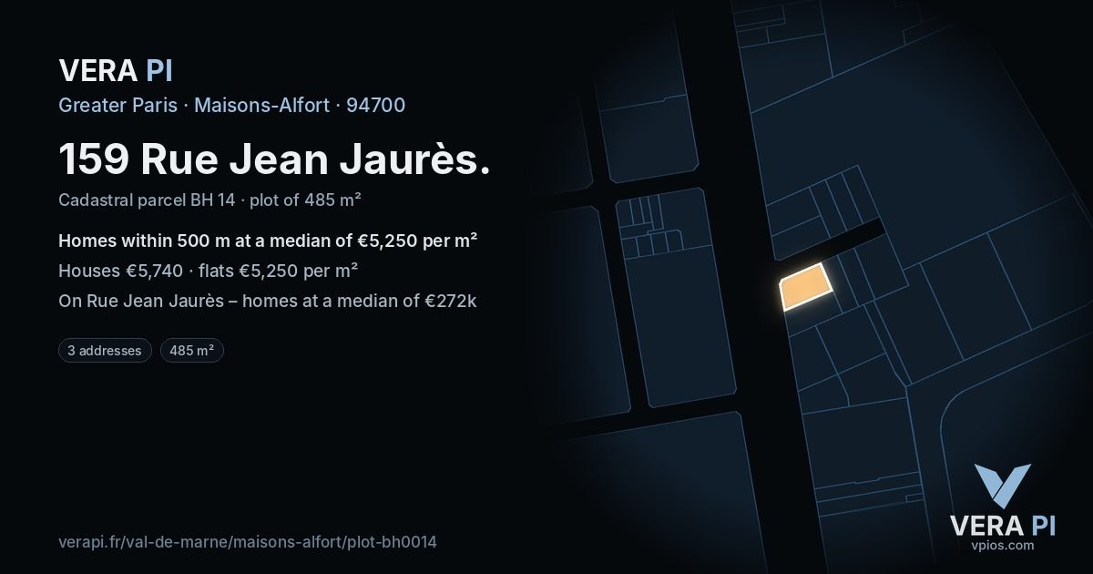 159 Rue Jean Jaurès, Maisons-Alfort at night – the plot lit, the parcels around coloured by the prices near them