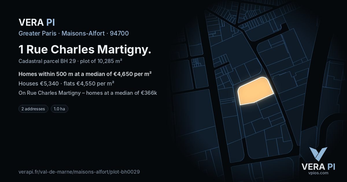 1 Rue Charles Martigny, Maisons-Alfort at night – the plot lit, the parcels around coloured by the prices near them