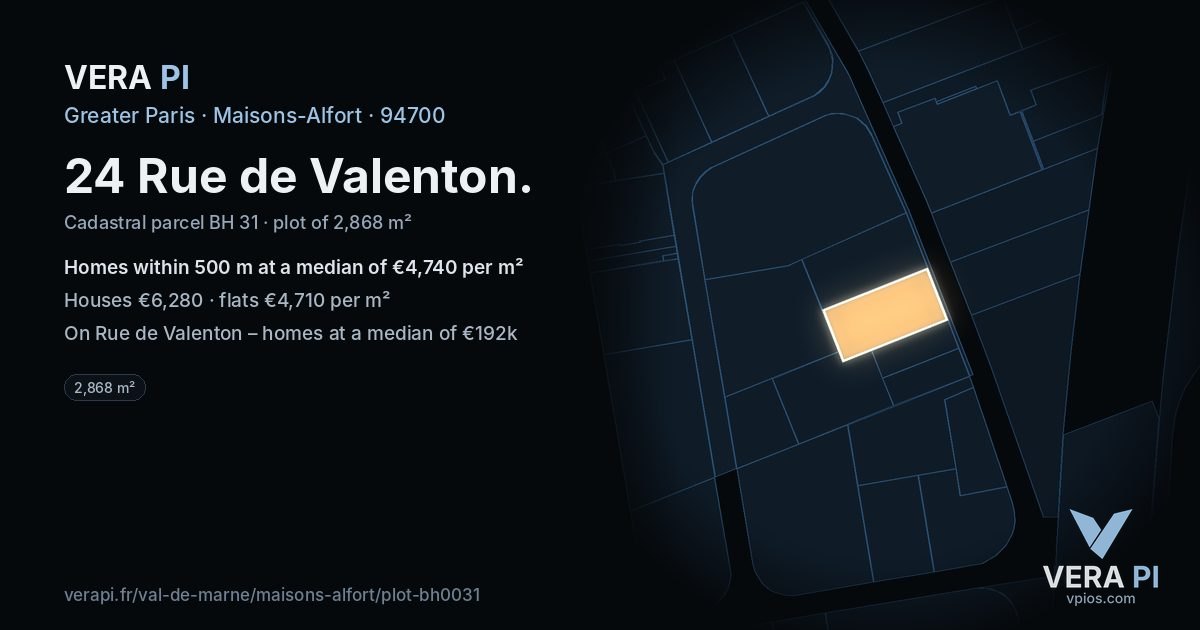 24 Rue de Valenton, Maisons-Alfort at night – the plot lit, the parcels around coloured by the prices near them