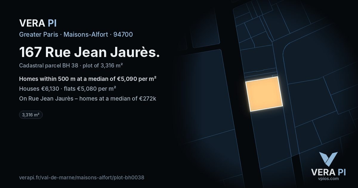 167 Rue Jean Jaurès, Maisons-Alfort at night – the plot lit, the parcels around coloured by the prices near them