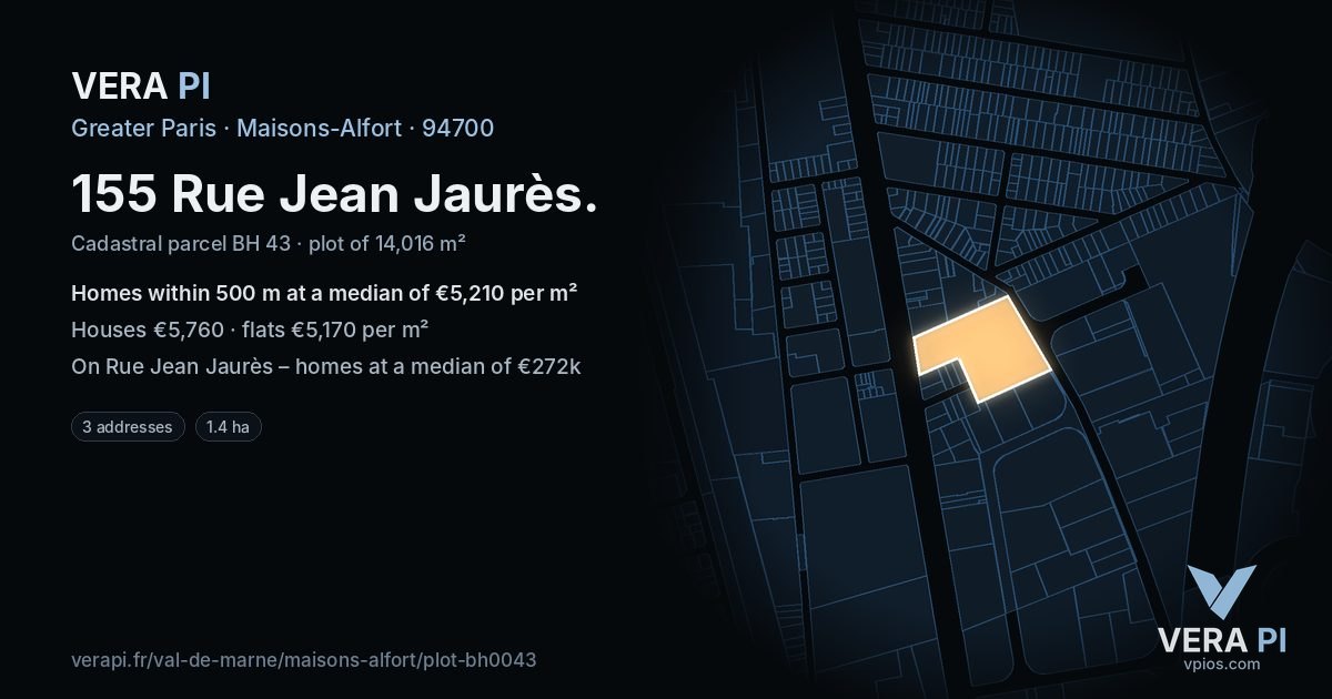 155 Rue Jean Jaurès, Maisons-Alfort at night – the plot lit, the parcels around coloured by the prices near them