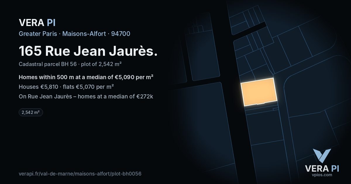 165 Rue Jean Jaurès, Maisons-Alfort at night – the plot lit, the parcels around coloured by the prices near them