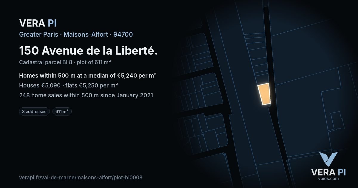 150 Avenue de la Liberté, Maisons-Alfort at night – the plot lit, the parcels around coloured by the prices near them