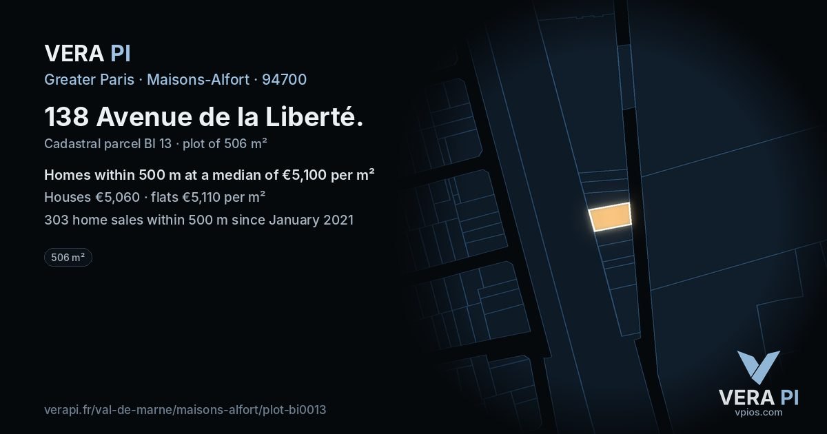 138 Avenue de la Liberté, Maisons-Alfort at night – the plot lit, the parcels around coloured by the prices near them