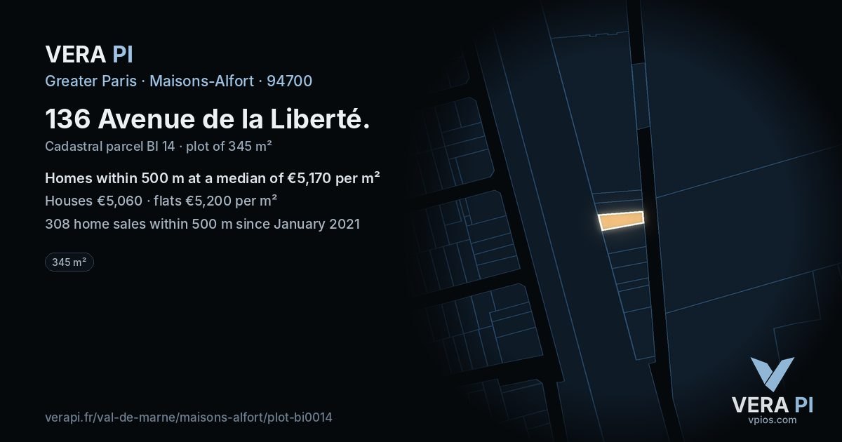 136 Avenue de la Liberté, Maisons-Alfort at night – the plot lit, the parcels around coloured by the prices near them