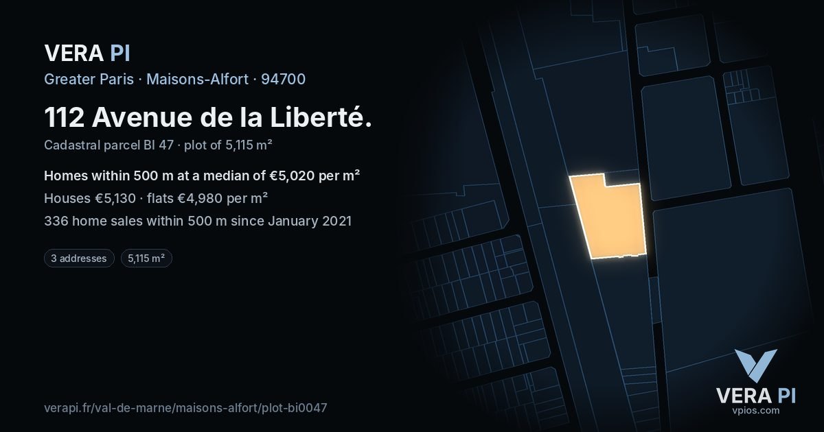 112 Avenue de la Liberté, Maisons-Alfort at night – the plot lit, the parcels around coloured by the prices near them