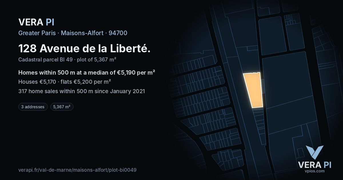 128 Avenue de la Liberté, Maisons-Alfort at night – the plot lit, the parcels around coloured by the prices near them