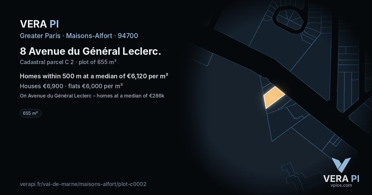 8 Avenue du Général Leclerc, Maisons-Alfort at night – the plot lit, the parcels around coloured by the prices near them
