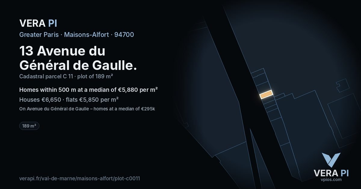 13 Avenue du Général de Gaulle, Maisons-Alfort at night – the plot lit, the parcels around coloured by the prices near them