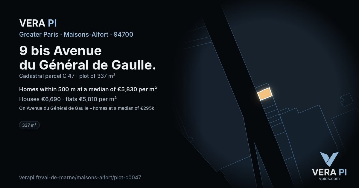 9 bis Avenue du Général de Gaulle, Maisons-Alfort at night – the plot lit, the parcels around coloured by the prices near them